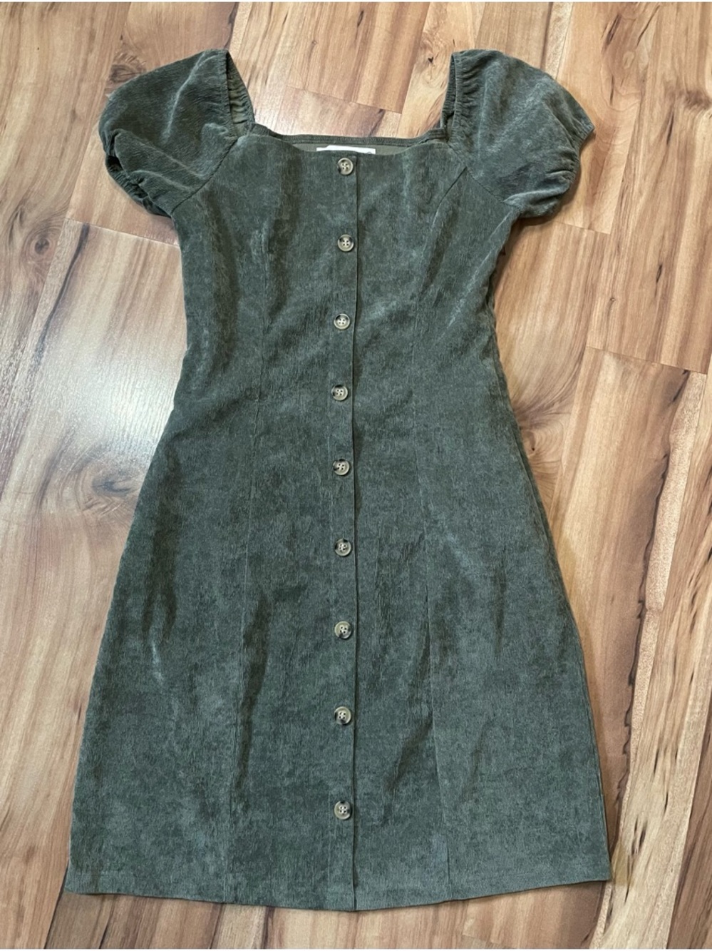 SM Wardrobe Olive Green Ribbed Button Up Mini Dress - Puff Sleeve Retro Boho